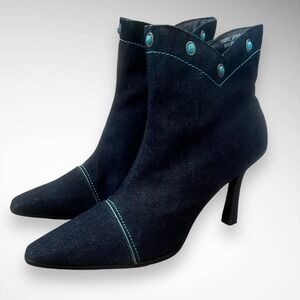 CAROLINA COLOURS Vintage Denim Pointed Toe Ankle Boots W/ Turquoise Accents Sz 8